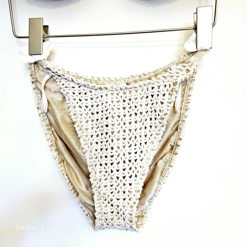 Baja Blue Vintage 90s Crochet Bikini Set Cream‎ Underwire Top Sz 12 Bottom 10 US